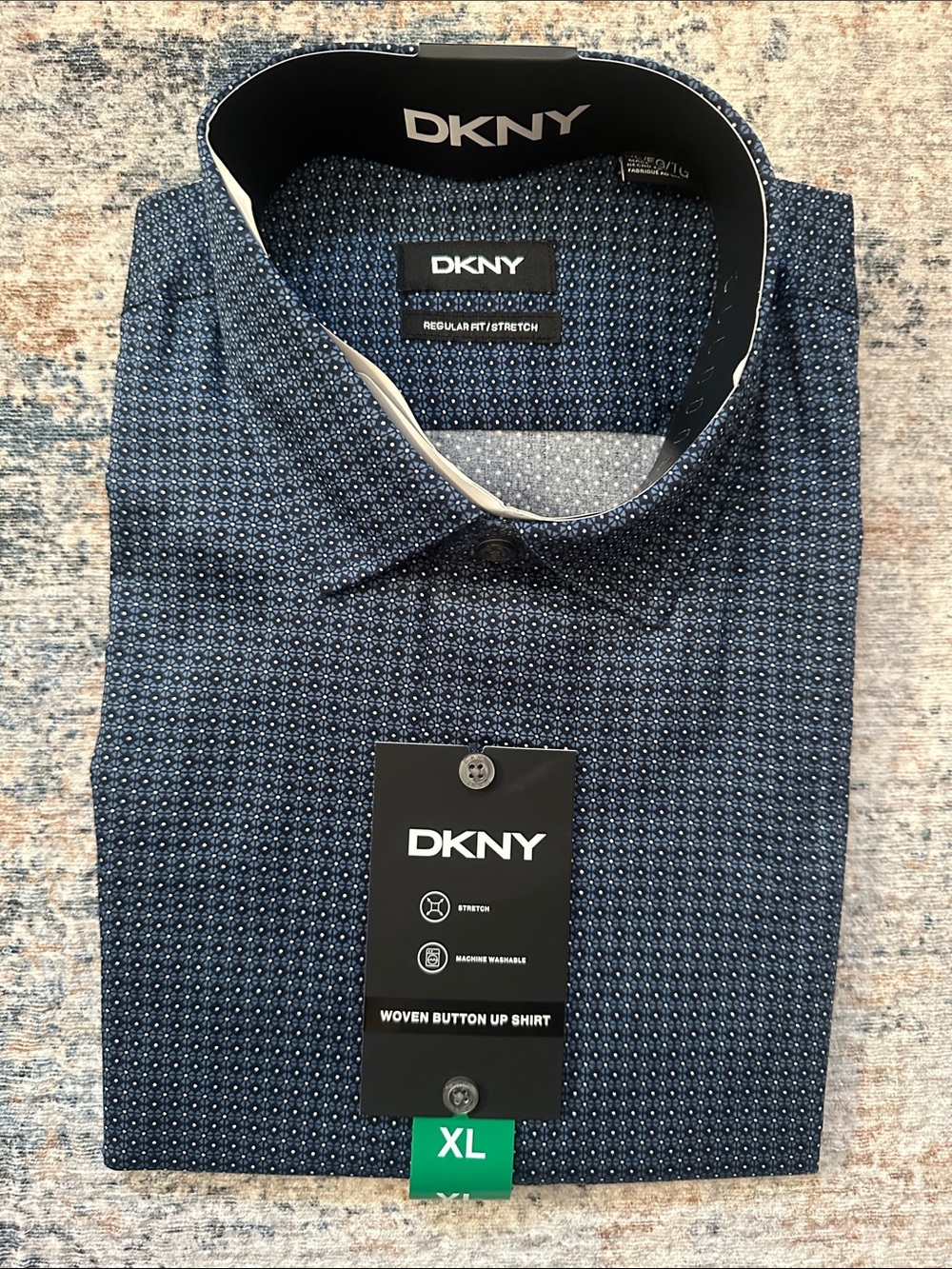 DKNY Men’s Navy Micro-Pattern Button-Up Shirt